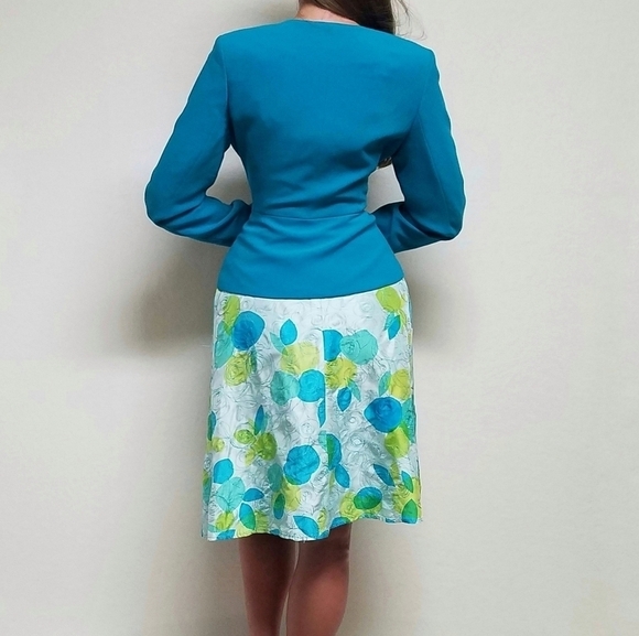 VINTAGE 90s Anne Klein Turquoise Blazer Abstract Silk A-line Skirt Set Outfit - Picture 3 of 16